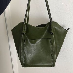 Olive green vegan leather tote shoulder bag
